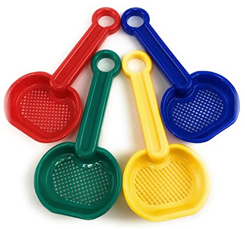 Matty's Toy Stop 7.5 Plastic Sand Sifter Shovels for Kids (Red, Blue, Green & Yellow) Complete Gift Set Party Bundle - 4 Pack