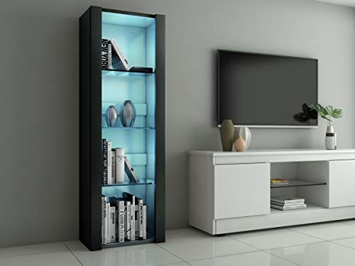 Panana High Gloss Tall Display Cabinet Wood Cupboard Sideboard Free Standing Storage Unit with Glass Shelves RGB LED Lights Living Room (Black)