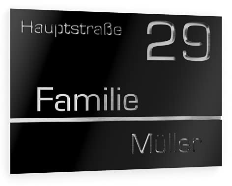 Graviers Design Numero civico personalizzabile in vetro acrilico + acciaio inox V2A 250 x 175 mm Nero, Resistente alle intemperie, Antiruggine, Targa per porta d’ingresso, Made in Germany