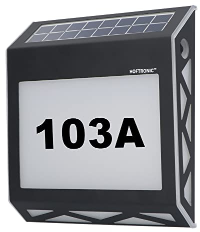 HOFTRONIC Numa - Solar beleuchtete Hausnummer mit 8 LEDs - Hausnummer Hausnummerleuchte mit Dämmerungsschalter aus Edelstahl Schwarz, 2700K Warmweiß IP65 Wasserdicht
