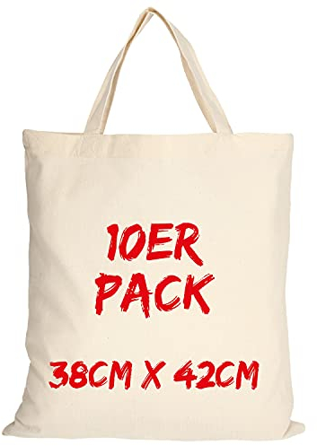 TEXXILLA Baumwolltasche - 10er Pack | Natur | mit Zwei kurzen Henkeln | 38x42cm | Jutebeutel | Einkaufstasche | unbedruckt