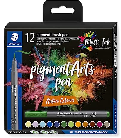 STAEDTLER brush pen pigment Arts, pigmentierte Premium-Zeichentusche, Pinselspitze für variable Linienbreite, wasserfest, 12 brush pens in sortierten nature colours im Kartonetui, 371 C12-3
