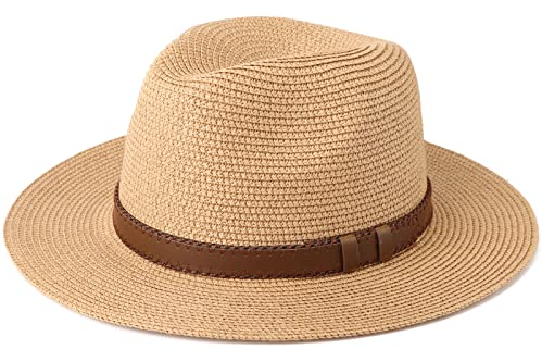 DRESHOW Damen Panama Hut Fedora Strand Sonnenhut Breiter Rand Stroh Aufrollen Hut UPF 50+