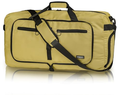 Fmeida 65L Foldable Travel Duffle Bag, Lightweight Waterproof Weekend Luggage with Shoes Compartment, Large Overnight Holdall Tote, Light Brown