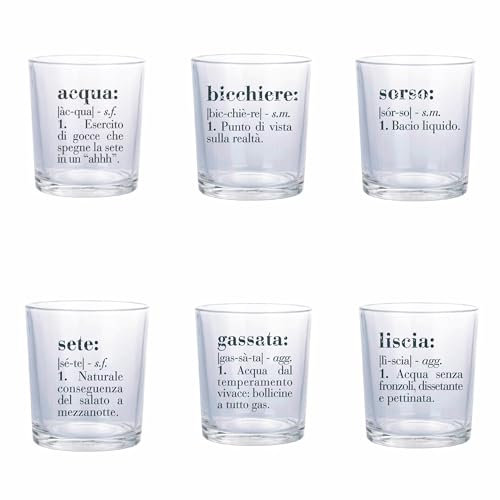 Villa d'Este Home Tivoli Set 6 bicchieri acqua in vetro 360 ml, decoro con scritta, Victionary