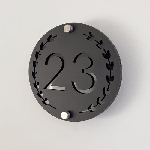 Round Garland Placa Personalizada de Número de Casa en Acrílico 3D, Números Flotantes Bicolor (Negro Brillante) para Interior y Exterior, Perfecta para Hogares, Hoteles, Apartamentos y Negocios.