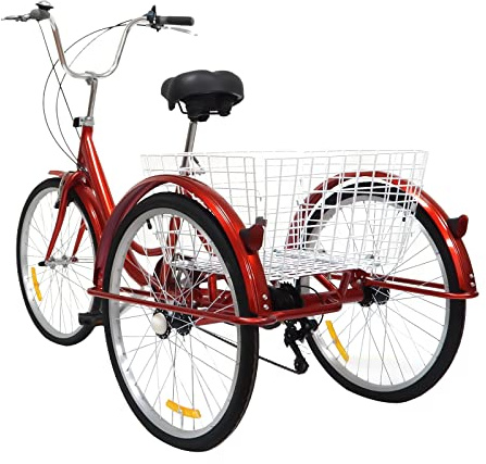 24 tums trehjuling för vuxna 6 växlar Cruise Cityhjul med inköpskorg upp till cykelkudde sadel ryggstöd tricycle, 3-hjul vuxen stadscykel, för resor utomhusaktiviteter röd