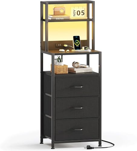 VERMESS Bedside Table with Charging Station and LED light, Tall Nightstand with 3 Drawers, Chest of Drawers Bedroom, Storage Drawers for Living Room, Hallway (Black)