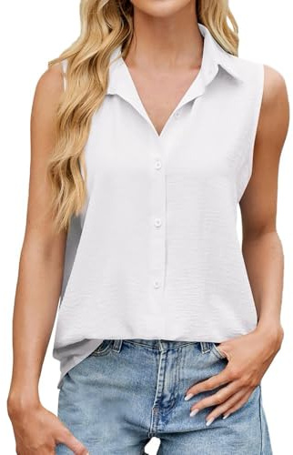 Camiseta de tirantes informal sin mangas para mujer con botones y solapa, cuello de pico, suelta, camiseta de verano, elegante, monocolor, informal, blusa de trabajo, camiseta ligera de verano, Blanco
