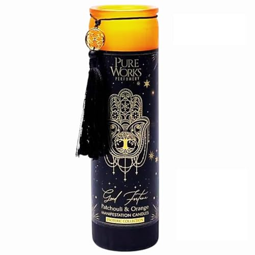 LivuX Manifestationsljus Good Fortune 80 timmar – Glas med tofs, 20 x 5,5 cm, handgjuten, soja- och palmvax, eteriska oljor, patchouli och apelsindoft, lyckljus och andligt ritualljus 300 g 1258