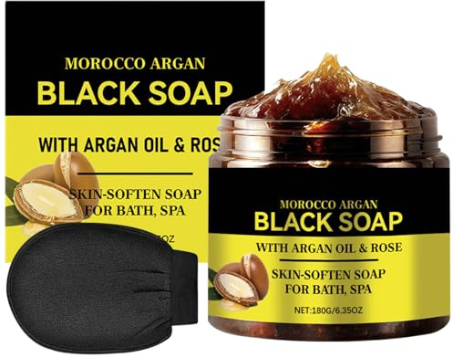 Savons Noirs Marocain,Savon Noir Corps avec Gant Exfoliant,100% Bio Moroccan Black Soap,Savon Exfoliant pour le Corps au savon Noir,Gel Douche exfoliant pour Peau Douce,Deep Cleansing & Softening Skin