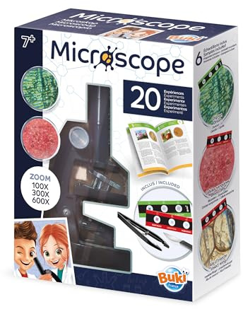 BUKI MR450 - Microscopio para niños Desde 7 años – 100x, 300x y 600x aumentos – 20 experimentos con portaobjetos incluidos – Juego Educativo de Ciencia
