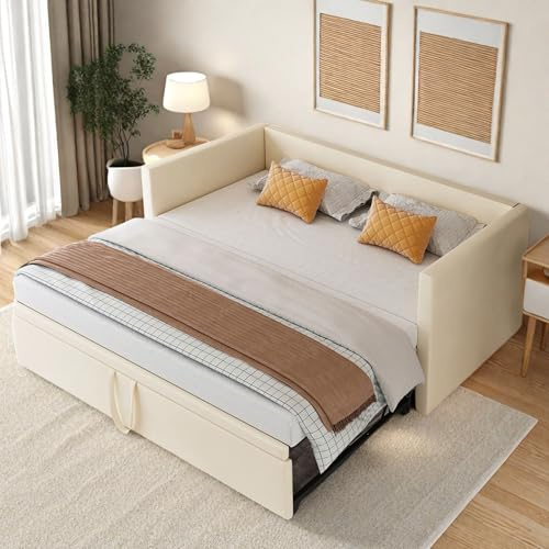 Yeutre Soffa, 2-sits, konvertibel soffa, 90/180 x 200 cm, soffsäng, 2 personer med sovsängar, sängbäddsoffa, utdragbar soffa för vuxna och tonåringar, sammet, utan madrasser (beige)
