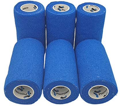 PIntoMed - BENDAGGIO COESIVO - BLU- garza elastica, 6 rotoli x 10 cm x 4.5 m autoadesiva flessibile bende, qualità professionale, primo soccorso - Sports Wrap Cohesive Bandage - Confezione da 6
