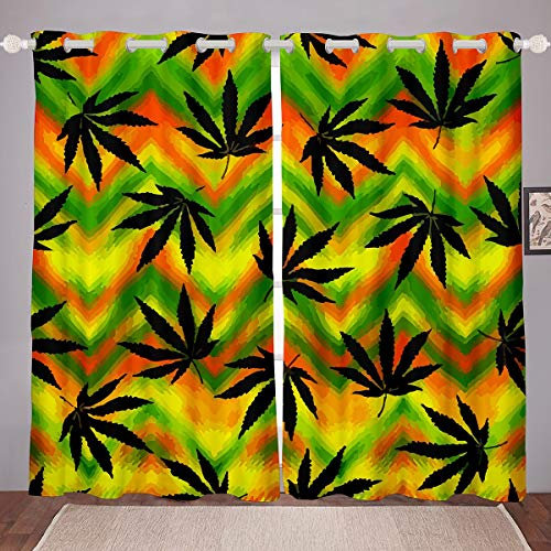 Cortinas para Ventana de Hojas de Marihuana Hojas de Cannabis, Cortinas Cortinas de Ventana de Colores a Rayas, tratamientos de Ventana de cáñamo, W46 x L72