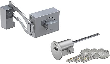 BASI Juego de cerradura adicional para puerta con barra de bloqueo y cilindro exterior, llave reversible, pestillo macizo, seguro adicional para puertas casa y apartamentos, 45 mm, rectangular