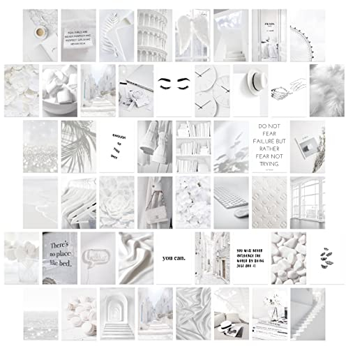 Vitt fotokollage-kit för estetisk vägg, 50 set 10 x 15 cm minimalism väggkollage-kit estetiska bilder, trendig sovrumsdekor för tonårstjejer, grå vit stil, VSCO små affischer för sovsal rumsdekor, elegant estetiskt collage-kit