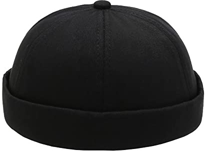 Brimless Hats for Men Cotton Adjustable Beanie Sailor Cap Worker Hat Rolled Cuff Retro Docker Cap Black