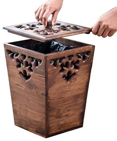 Advap Poubelle en Bois Peut casser la Poubelle carrée, Poubelle de Poubelle avec Couvercle, Poubelle rétro sculptée pour la Salle de Bain Bureau Cuisine, Marron foncé