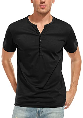 WAZZAP Henley T-Shirts à Manches Courtes Homme Bouton Été Causal Slim Fit Col Tunisien Tee Shirt