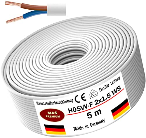 MAS Premium Von 5 bis 100m Kunststoffschlauchleitung H05VV-F 2, 3 oder 5 x0,75; x1; x1,5 oder x2,5 und 4G0,75 Flexible Leitung Kabel Leitung Gerätekabel (H05VV-F 2x1,5 WS, 5m)