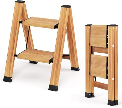 KULACO Escalera plegable en 2 peldaños, de aluminio, portátil, antideslizante, multifunción, diseño de vetas de madera para casa y camping, soporta hasta 150 kg