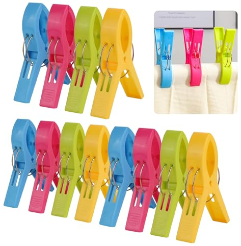 Realjoy 12 pinzas grandes de plástico, resistentes al viento, para la colada, 4 colores, clips de ropa antiviento, pinzas para ropa, toallas, sábanas (12 cm)