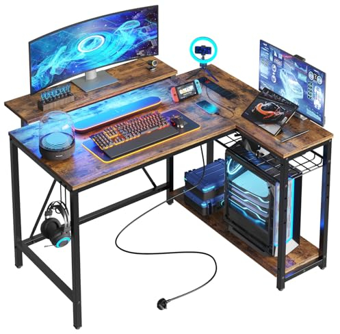 Bestier 106.5CM L-Shaped Desk with 3 Power Outlets, 2 USB Ports & LED Strip Lights, Reversible Corner Workstation with Shelves & Hooks for Office & Gaming