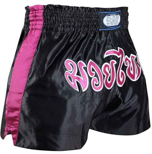 BAY Remy Thaiboxhose Kickboxhose Muay Thai Hose kurz aus Polyester mit traditioneller Thaischrift Schwarz/Pink Rosa für Damen, Herren, Kinder, Erwachsene, Mädchen, Jungen Größe XXS