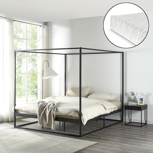 [en.casa] Letto a Baldacchino con Materasso in Schiuma 180 x 200 cm Letto Matrimoniale King Size Struttura Rettangolare in Metallo Nero Stile Classico