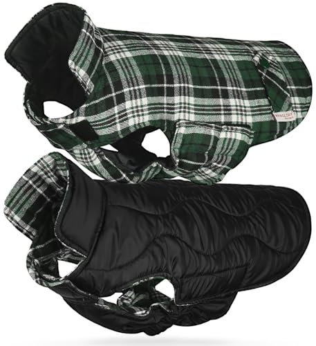 VIVAGLORY Softjoy Hundemantel, Wintermantel mit Bauchschutz & Klettverschluss, Hundejacke für Winter & Weihnachten, Warm Softshell Kariert Schnittmuster Verstellbar, M, Grün