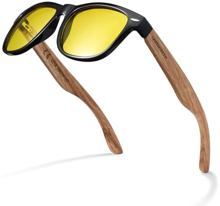GREENTREEN Lunettes de Soleil Homme en Bois - Polarisées & UV400 Conduite | Léger; Charnières à ressort flexibles; Cadre PC Léger et Lentilles TAC; Idéales pour Randonnée Pêche Plage;Anti-éblouissement