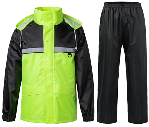 KTWOLEN Traje de Lluvia Reflectante para Hombre con Capucha Resistente al Agua y a Prueba de Viento Chaqueta Impermeable con Pantalones, Verde, L