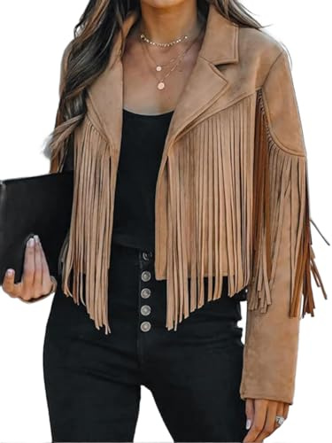 Bibowa Faux Suede Leather Jackets For Women Trendy Cowgirl Outfits Fall Western Fringe Cropped Jacket 2026 Tassel Motorcycle Crop Coats Winter Dark Khaki XXL