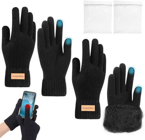 ZOCONE 2 Pares Punto Guantes Invierno Hombre Mujer Pantalla Táctil Guantes Termicos Tactiles para Movil Invierno con Forro Polar para Deportes al Aire Libre Unisex (Negros)