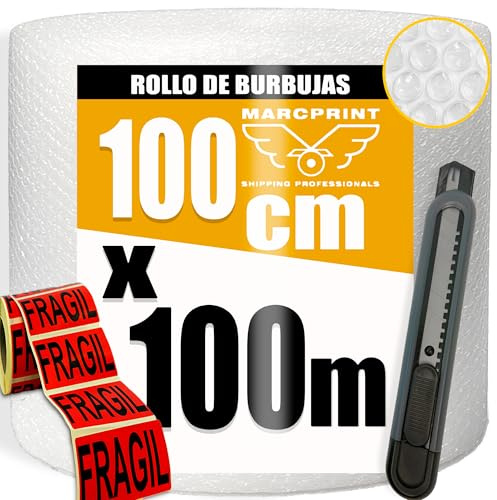 MARCPRINT Rollo Burbuja Embalaje 100 cm x 100 m con Cutter y Pegatinas de Fragil – Papel Burbuja para Mudanzas y Envíos – Plástico de Burbujas Protector Antigolpes – Embalaje Profesional Reutilizable