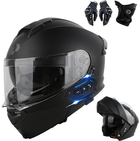 Frcychri Adulte Bluetooth Modulable Casque Moto, Gants Protection Visage, Homologué ECE Casque Moto Rabattable, Anti-Buée Double Visière, Coque Extérieure Haute Résistance, Hommes Femmes E,Medium