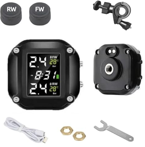 moyiw Wireless Motorcycle TPMS with LCD Display,Tyre Pressure Monitoring System, 2 External Tyre Pressure Sensors, Real-Time Pressure & Temperature Monitoring,Waterproof, USB Charging, Black