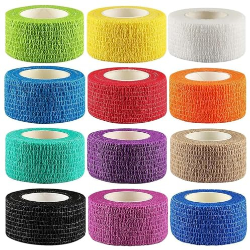 Självhäftande förband 12 rullar, 2,5 cm x 4 m elastiskt band självhäftande för hundar katter hästar, förbandsmaterial fixeringsbinda vetetomslag för sport, handled och tassar