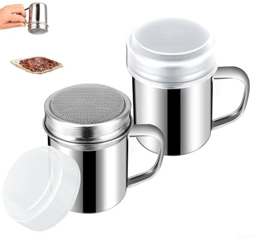 Juego de 2 azucareros en polvo de acero inoxidable con mango ergonómico y pantalla de malla fina para espolvorear cacao en polvo, canela, matcha en bebidas de café y productos horneados en casa