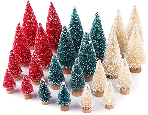 30 Pcs Bottle Brush Trees Christmas, Red Blue Yellow Miniature Christmas Tree, Mini Tree 1.8/2.6/3.4/3.9 Inch, Small Christmas Tree with Snowflakes