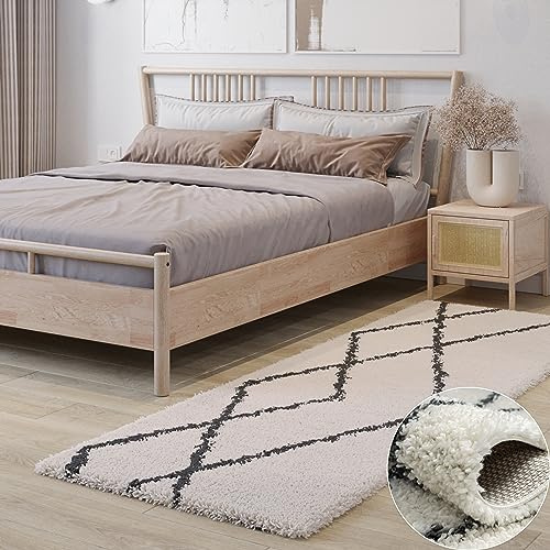 MY-RUG Shaggy Luxe Langflor Teppich 250 x 80 cm Rechteckig Creme Weiß | Wohnzimmerteppich rutschfest flauschig weich | moderner Skandi Stil mit Rauten Muster für Schlafzimmer und Flur | Creme Weiß