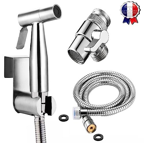 BbfStyle - Marque Française - SUS 304 avec Mousseur Déviateur - Kit douchette WC pour l'hygiène intime - Idéal pour WC suspendu, bidet ou robinet - Métallique - Finition Nickel Brossé - Taharat