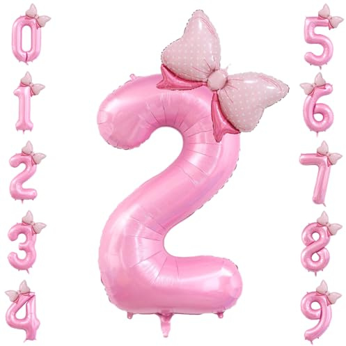 40 inch Number 2 Balloon with Bow Pink Happy Birthday Jumbo Number Balloon for Girls Daughter Birthday Decorations Party Supplies (Number 2)