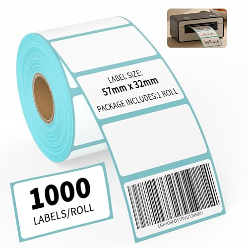 NefLaca 1 Roll 1000 Self Adhesive Label Sticker 57mm x 32mm Address Labels Blank Roll Rectangle Label Write On Note Mark Catering Food Jars Sticky Stickers for Office Kitchen Printer