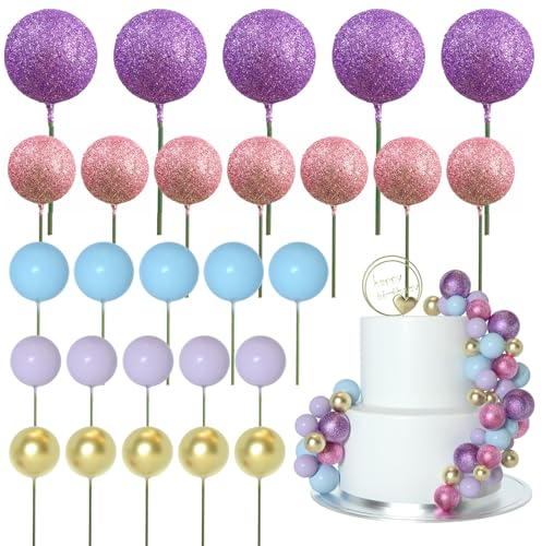 ASTARON 50 Pcs Ball Cake Topper Sticks Mini Balloons for Cake Decorating Supplies Foam Balls Cake Decorations for Party Cake Birthday Cake Toppers Decorations (Pink，Purple，Blue)