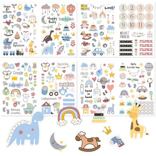 Lot de 4 feuilles d'autocollants pour album photo de bébé - Autocollants pour album photo - Autocollants pour fête prénatale - Livre d'or pour enfants filles et garçons - Cadeau d'année - Livre de