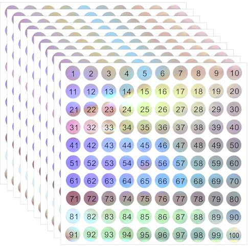 Andibro 10 ark holografiska siffror klistermärken, 1–100 nummer klistermärken, självhäftande, runda nummerklistermärken, laser för kontor, skåp, hemorganisation