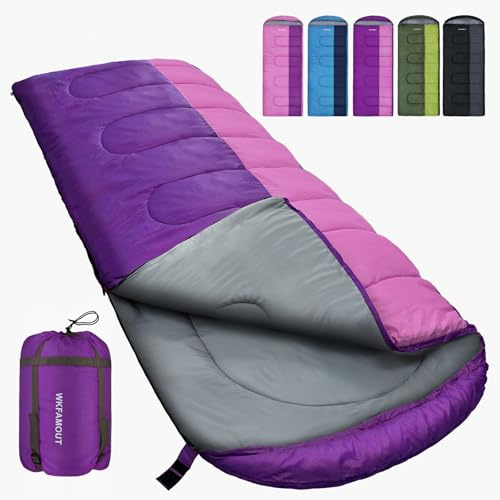 WKFAMOUT XL Sleeping Bag Outdoor 10°C Blanket Sleeping Bag for Adults Machine Washable Sleeping Bags 3-4 Seasons with Compression Bag Camping Hiking 220 x 85 cm Purple