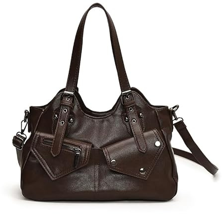GSenhui handväska vintage dam slouchy tote bag stor PU-läder uni punkstil axelväska för resor svart, A2-kaffe